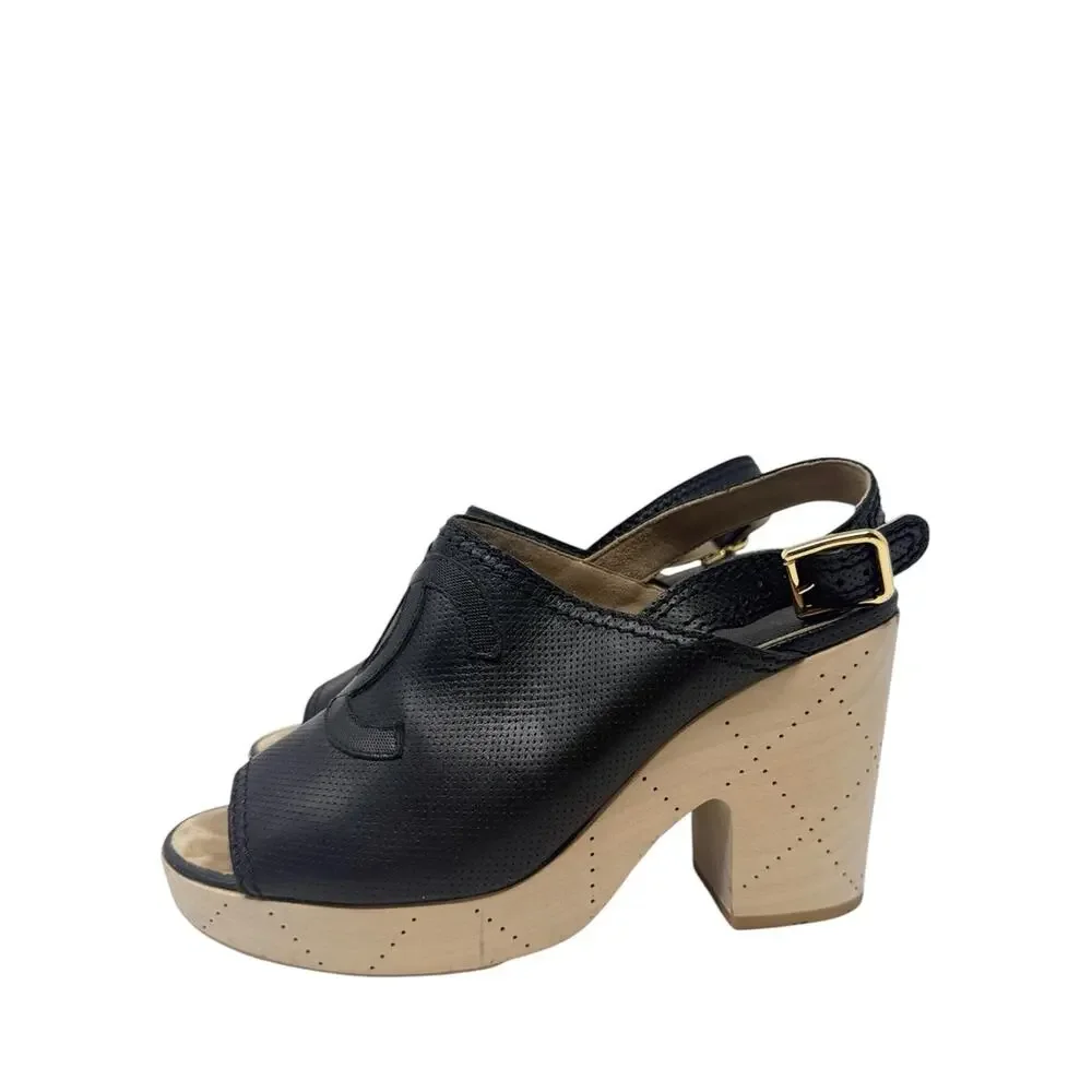 Chanel CC Logo Black Leather Slingback Platform Slingback Block Heel Clogs 39.5